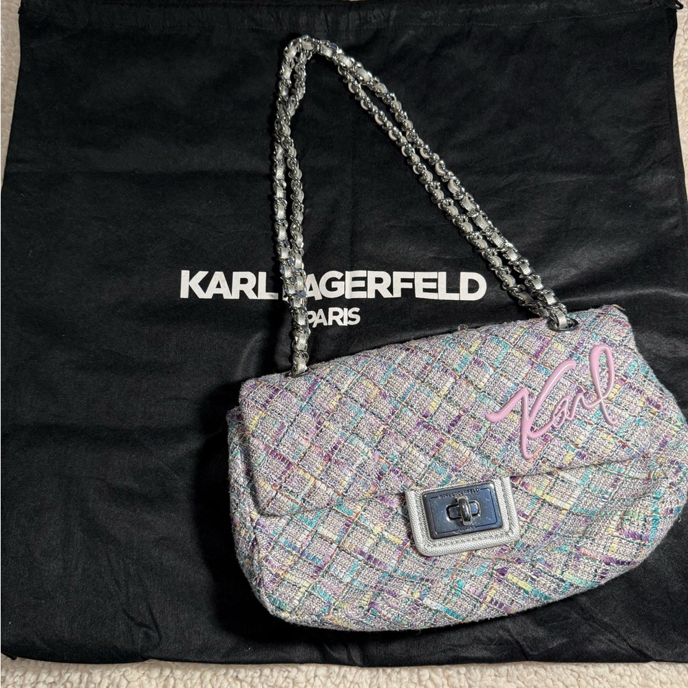 Karl Lagerfeld Gray Quilted Shoulder Bag with Chain Strap